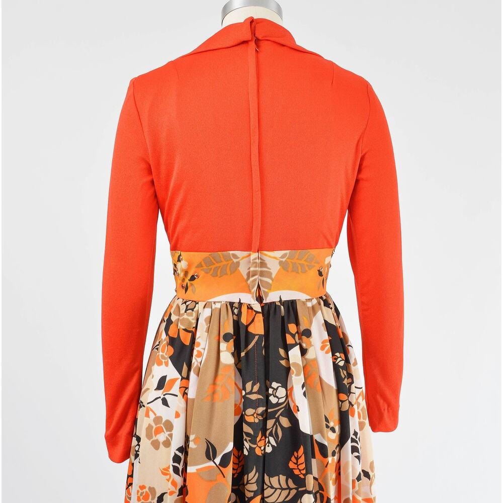 Vintage 70s Orange Floral Rhinestone Evening Gown Psychedelic Party Maxi Dress - Picture 6 of 8